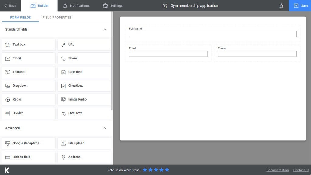 Form Standard Fields in Kali Forms Builder