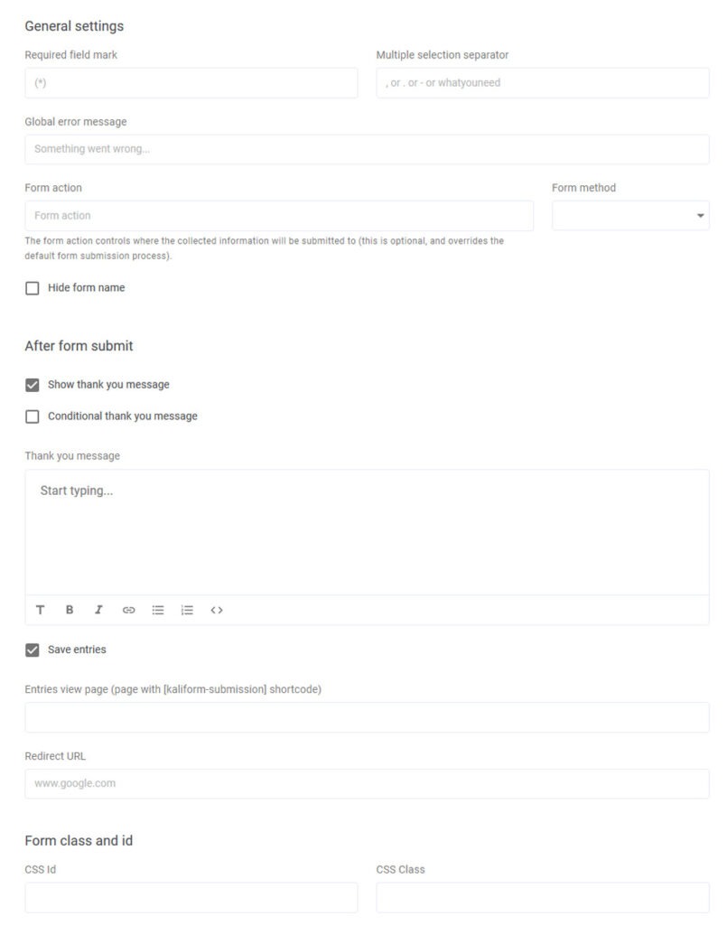 General Form Settings in Kali Forms