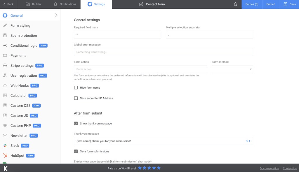 General Settings in Kali Forms