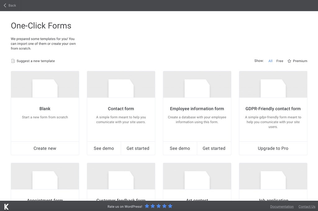 One Click Forms Predesigned Templates in Kali Forms