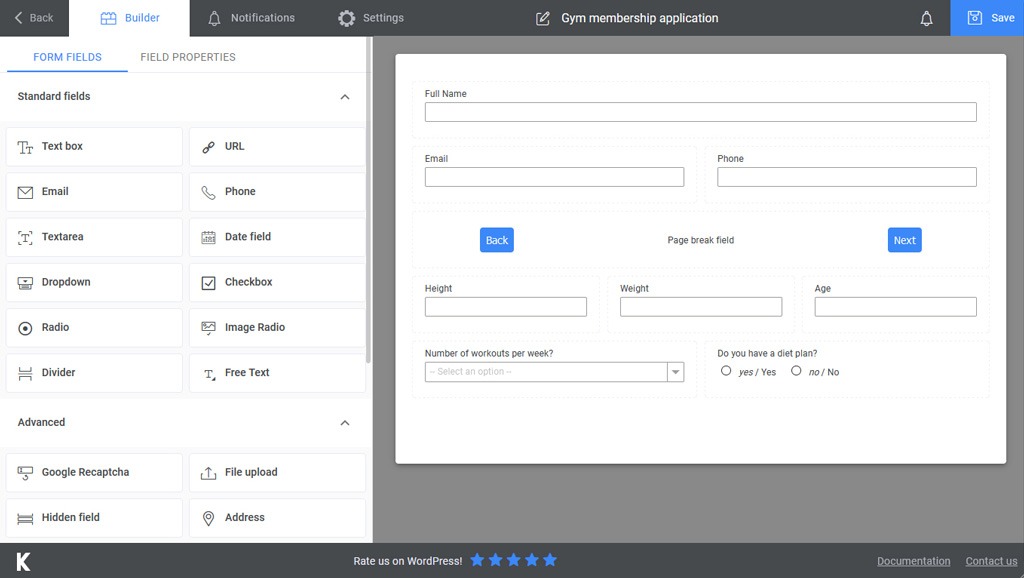 Form Fields in Kali Forms Builder